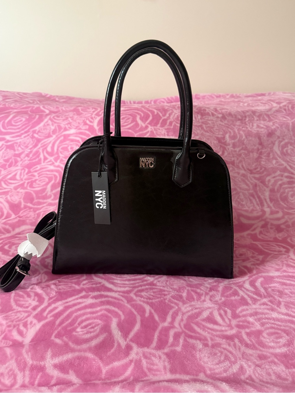 MADDEN NYC Black Patent Satchel/Crossbody  with Top Handles